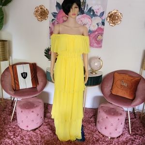 Fashion Nova Yellow Off Shoulder Maxi Dress Ruffle Tiered Flowing Dress